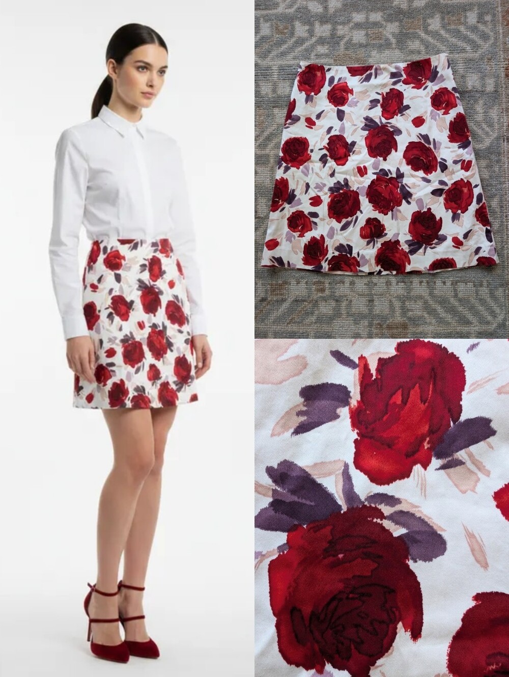 Like New LK Bennett Red and White Rose Floral Skirt
